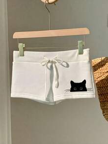 Comfortcana 女士抽绳腰带猫咪印花休闲百搭日常短裤 - 白色 - 查看 4
