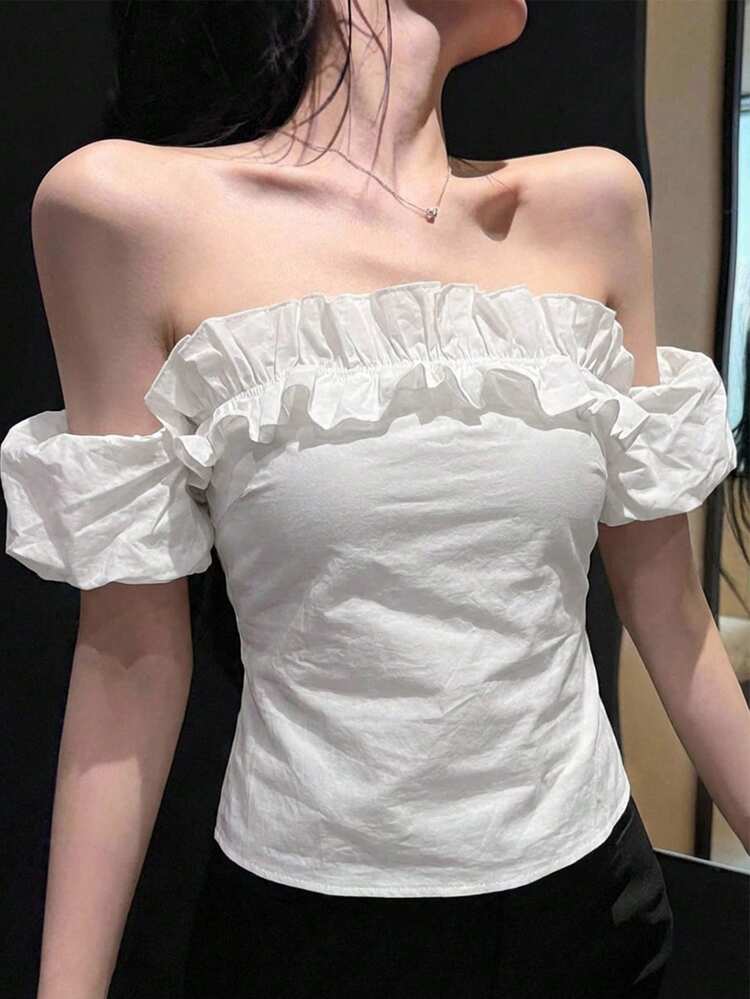 Spring & Summer Fashionable Plaid Contrast Color Patchwork Off-Shoulder Ruffle Hem Casual Vacation Street Girlfriend's Day Wedding Party Fitted Elegant Ruffle Splice Short Sleeve Blouse For Women