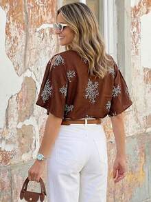 SHEIN Clasi 女士浪漫刺绣荷叶袖衬衫，夏季 - 棕色 - 查看 2