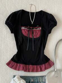 Comfortcana Women's Colorblock Plaid Patchwork Tie Front Short Sleeve Fitted Summer Shirt - Multicolor - View 5