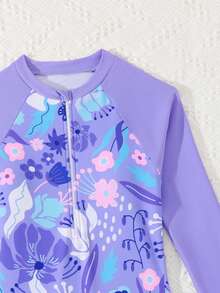 SHEIN Teen Girls' Floral Print Long Sleeve Romper Swimsuit,Pink Summer Beach Holiday Rashguard Full Coverage Bathing Suits For Swimming,Summer Vacation - Purple - View 3