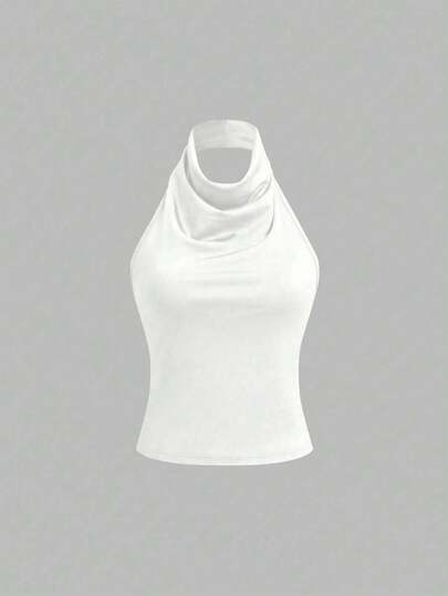 EMERY ROSE Lus Size Turtleneck Halter Elegant Basic Tank Top With Elastic Adjustable Crisscross Back