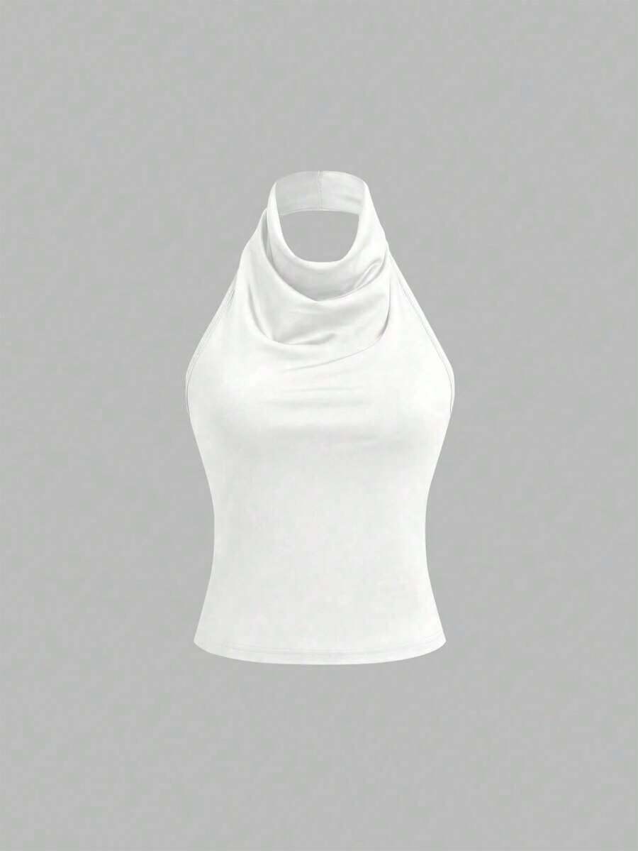 Áo tank top cổ cao Lus Size kiểu dáng thanh lịch, cổ yếm, chất liệu cơ bản, có dây thun điều chỉnh được ở phía sau. - trắng - Xem 1