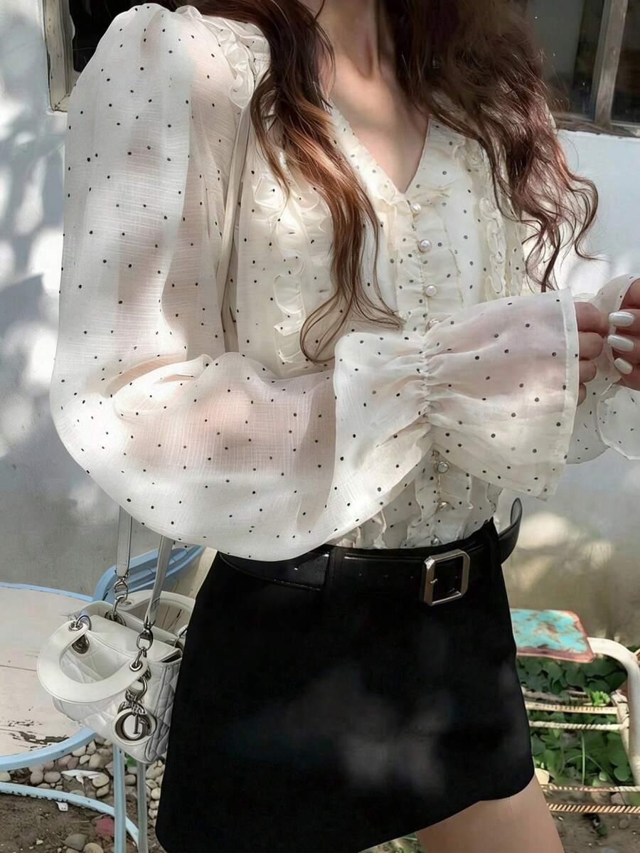FRIFUL 女士波点图案喇叭袖荷叶边时尚衬衫 - 杏色 - 查看 1