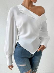 Calvaya Women's Asymmetrical Shoulder Lantern Sleeve Shirt,Long Sleeve Tops Fall Cloth For Women - White - View 4