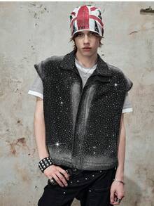 ROMWE MEN Grunge Punk Men's Sleeveless Shiny Denim Top, Fashionable Street Style For Summer - Black - View 5