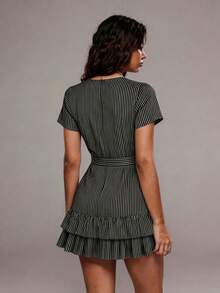 Women's Short Striped Wrap Dress With Deep Neckline - Black and White - View 2