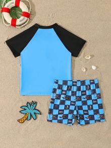LOONEY TUNES X SHEIN GraphicGems Young Boy Letter & Cartoon Print Contrast Color Short Sleeve Top And Checkered Print Swim Trunks Set - Multicolor - View 2