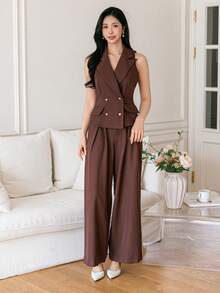 DAZY Women's Summer Casual Solid Color Faux Pocket Vest And Wide Leg Pants 2 Pieces Set - Brown - View 7