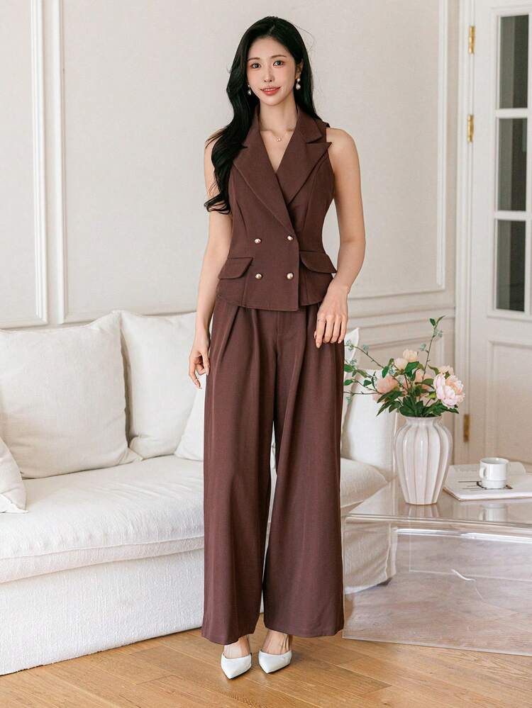 Women's Summer Casual Solid Color Faux Pocket Vest And Wide Leg Pants 2 Pieces Set