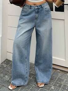 Dazy Plus 浅色水洗宽松直筒牛仔裤，休闲街头风，四季皆宜长裤 - 淺色水洗藍 - 查看 5