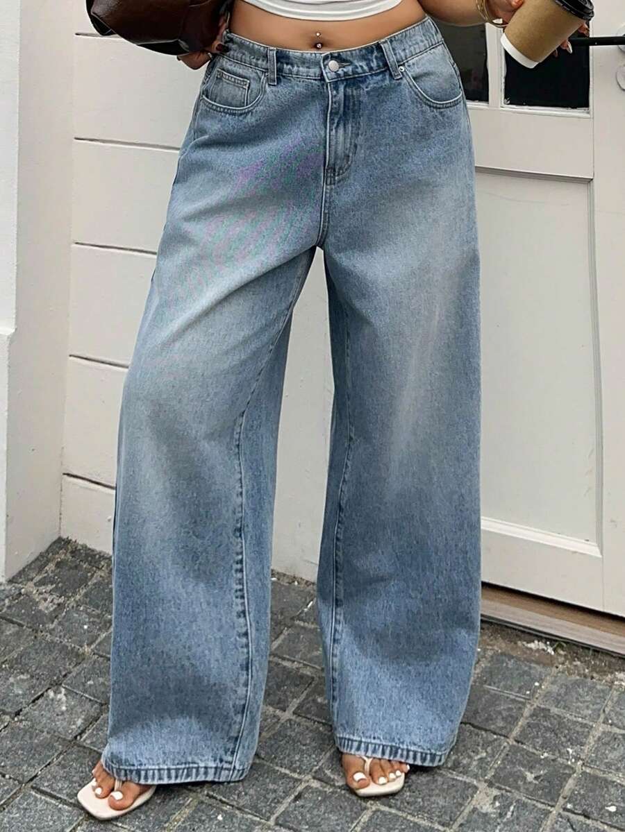 Dazy Plus 浅色水洗宽松直筒牛仔裤，休闲街头风，四季皆宜长裤 - 淺色水洗藍 - 查看 1