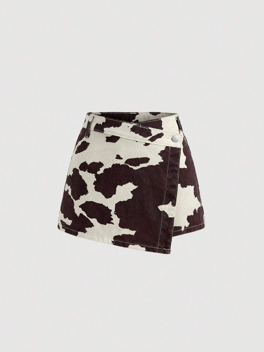SHEIN Girlism Falda pantalón asimétrica de cintura envolvente de mezclilla desgastada en rosa estilo Y2K para adolescentes, ropa y conjuntos de verano para niñas - Multicolor - Ver 1