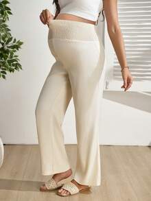 SHEIN Pantaloni a vita bassa a righe, a gamba ampia e lunghezza alla caviglia, con decorazione su doppia vita, per gravidanza - Albicocca - Visualizzare 3