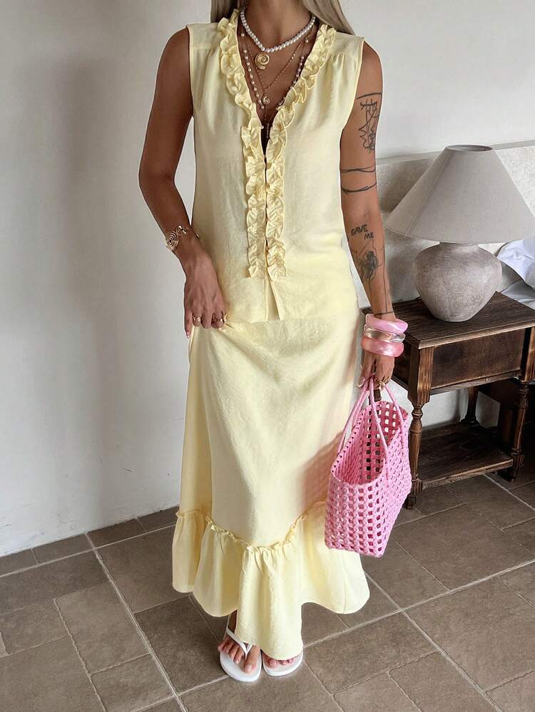 Spring & Summer Yellow Frill Trim Loose Vest & Skirt 2 Pieces Set, Vacation & Beach Style For Women