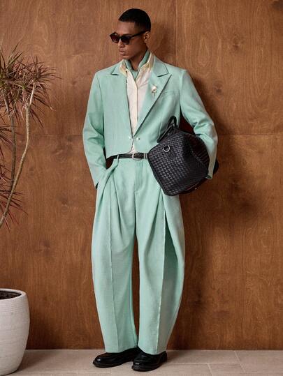 AKNOTIC 2pcs Men's Woven Casual Loose Fit Long Sleeve Jacket And Straight Leg Pants Set