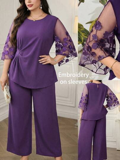 Reflora Plus Size Women Embroidered Mesh Flare Sleeve Shirt And Wide Leg Pants Casual 2 Pieces Set Carnival Costume Carnival Women Look 2026 Women Carnival Costume Carnival Outfit Carnival Costume For Women Women's Carnival Costume Summer Outfits For Women Summer Clothes Summer Vacation Outfits Summer Outfits For Woman Summer Clothes Women Set 2 Piece Set Women Two Piece Women Sets Outfit Sets Women Matching Sets Women Matching Sets Suits For Woman Set Sets For Women Comfy Sets Women Co Ords Sets Women Women's Summer Set  Summer Outfits Summer Clothes Summer Holiday Outfits Shirts Suitable For Various Occasions, Such As: Commuting To Work, Casual Wear At Home, Going For A Walk, Visiting Neighbors And Friends, And Shopping.
