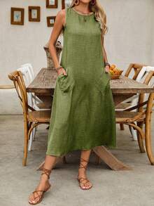Breezaya 女士纯色圆领口袋休闲宽松无袖连衣裙 - 軍綠色 - 查看 3