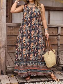 SHEIN CURVE+ Kích cỡ US22 (dành cho người có thân hình đầy đặn) Lễ hội âm nhạc, Kỳ nghỉ bên bờ biển, Đầm không tay phong cách Bohemia dành cho nữ, in hình cây điều, có túi, trang phục mùa hè cho nữ, quần áo mùa hè, đầm Boho châu Âu cho nữ, đầm thường ngày cho nữ, trang phục nghỉ hè cho nữ - Nhiều màu - Xem 4