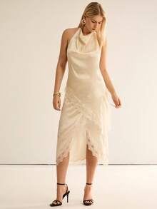 CielaLinda 女士吊带缎面蕾丝拼接上衣，蕾丝边饰上衣 - 杏色 - 查看 6