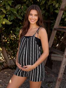Boho Mama Bộ áo liền quần kẻ sọc dáng rộng dành cho bà bầu - màu đen - Xem 1