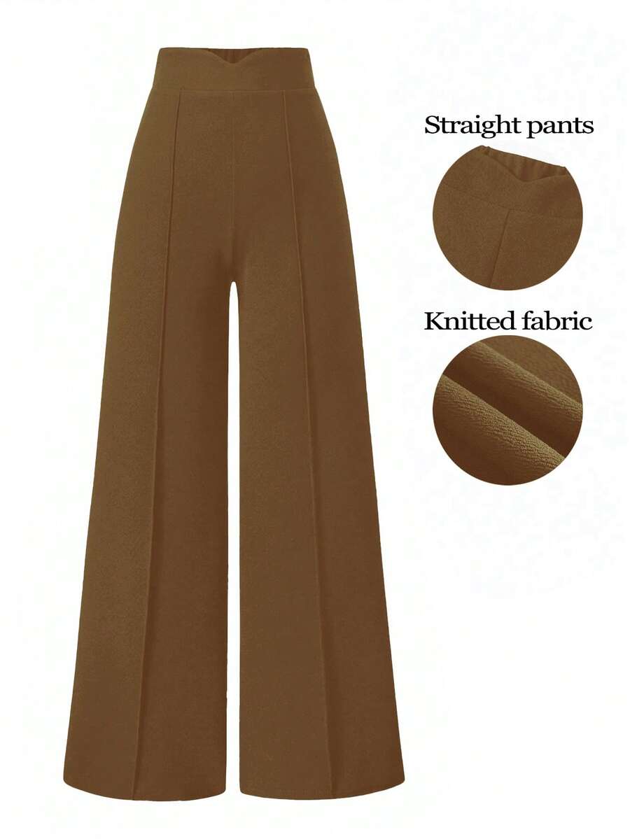 Sweetra Women's Solid Color Straight Leg Wide Leg Pants, Suitable For Commuting Office Dark Brown Autumn Elegant - Mocha Brown - View 1