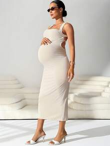 SHEIN MaterniWear Pregnant Women's Solid Color Pleated Backless Elegant Party Dress - Beige - View 4