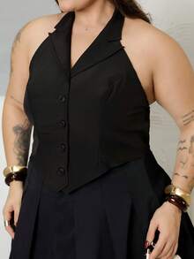 Bibi Tomais Plus Size Solid Color Single Breasted Halter Top With Lapel Collar And Back Draping - Black - View 6