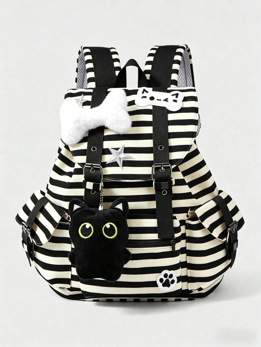 ROMWE Anime 1Pc Black And White Punk College Wind Cat Paw Print Bone Star Contrasting Stripes Multi-Pocket Backpack Fashion And Leisure Unisex Large-Capacity Backpack Suitable For Commuting And School - Apricot Black - View 1