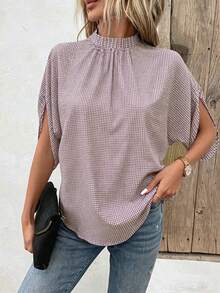 EMERY ROSE Stand Collar Pleated Plaid Print Casual Loose Shirt, Spring/Summer - Khaki - View 4