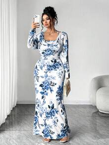 Elenzga Plus Size Women's New Ruffle Collar Short Bodycon Dress, Ditsy Floral With Tie Waist, Yellow & White - Blue - View 5
