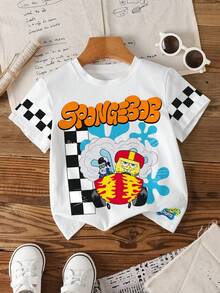SpongeBob SquarePants | SHEIN Áo thun ngắn tay cổ tròn in họa tiết tối giản cho bé trai - trắng - Xem 1