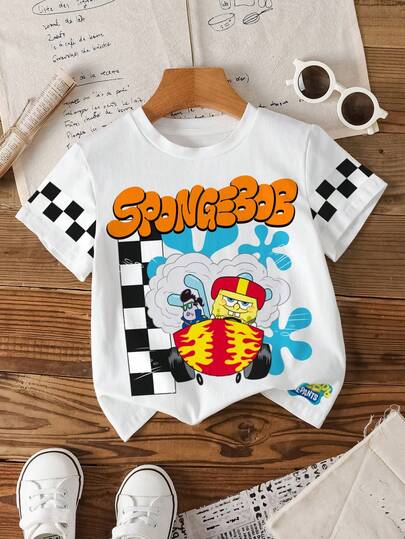SpongeBob SquarePants | SHEIN Áo thun ngắn tay cổ tròn in họa tiết tối giản cho bé trai