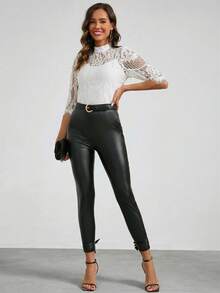 Amorya Women's Spring Stand Collar Lace Top - White - View 4