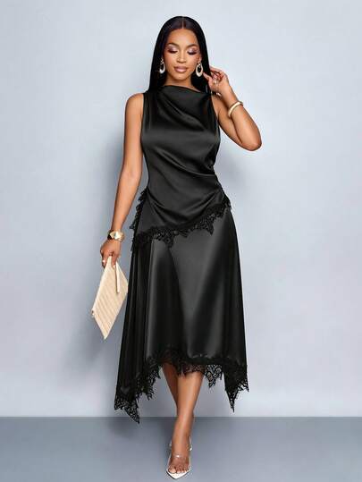 SOLERSUN Women's Summer Black Asymmetrical Lace Hem Elegant Romantic Satin Skirt, A-Line Skirt, Old-Fashioned Cruise Attire For Wedding Guests Modern Urban Casual Fashion Business Casual Asymmetrical Black Lace Trim Skirt Women Party Skirt,Going Out Outfits Vacation Outfits