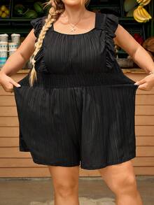 SHEIN CURVE+ Plus Size Solid Color Minimalist Sleeveless Jumpsuit, Casual Everyday Wear - Black - View 3