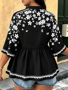 SHEIN Holidaya 加大码立领印花荷叶袖衬衫 - 黑與白 - 查看 2