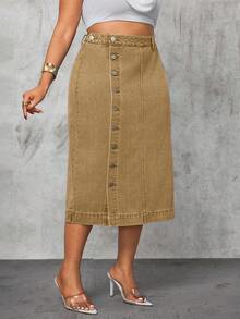 Slaydiva Bộ trang phục cao bồi cho nữ cỡ lớn, váy denim xanh xẻ cao gợi cảm, trang phục mùa thu cho nữ. - Màu Khaki - Xem 5