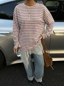 SHEIN Muchic 休闲多巴胺粉色条纹迷你马印花宽松圆领长袖T恤，适合夏季穿着 - 彩色 - 查看 5