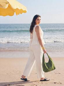 Solavibe Plus Size Women 2 Pieces Set: Sleeveless Top With Ruffle Hem And Pants Beach Formal Vacation Outfits For Woman Beige Summer Elegant - White - View 3