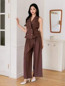 DAZY Women's Summer Casual Solid Color Faux Pocket Vest And Wide Leg Pants 2 Pieces Set - Brown - View 3