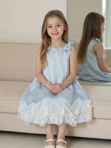 SHEIN Elladie kids Young Girl's Summer Sleeveless Satin Princess Dress, Sky Blue Elegant Polka Dot Bow Shoulder Ruffle Mini Flower Girl Dresses For Young Girls - Blue - View 3