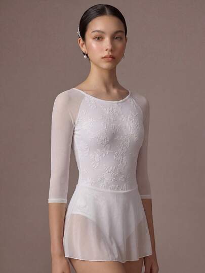 White Ballet Tutu Skirt For Teen GirlElegant Mid-Sleeve Design Combining Classic Style With Velvet Burn-Out Mesh Patchwork, Premium Velvet Fabric, Graceful Fairy-Like Style, Suitable For Classical Drama Performance And Grading, Highly Elastic And Lightweight, Exceptionally Skin-Friendly