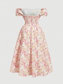 SHEIN MOD Plus Size Women's Pastel Pink Colorful Floral Print Off-Shoulder Flared Dress,Summer Curve Party Garden Tea,Date,Beachwear,Vacation,Picnic,Birthday - Pink - View 4
