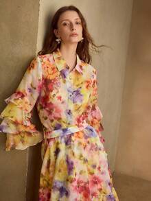 MOTF PREMIUM 女士全幅印花层叠喇叭袖浪漫优雅衬衫，春夏款 - 彩色 - 查看 6