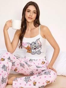 TOM & JERRY X SHEIN 女士字母卡通印花吊带背心和裤子休闲家居服睡衣套装 - 淺粉色 - 查看 3