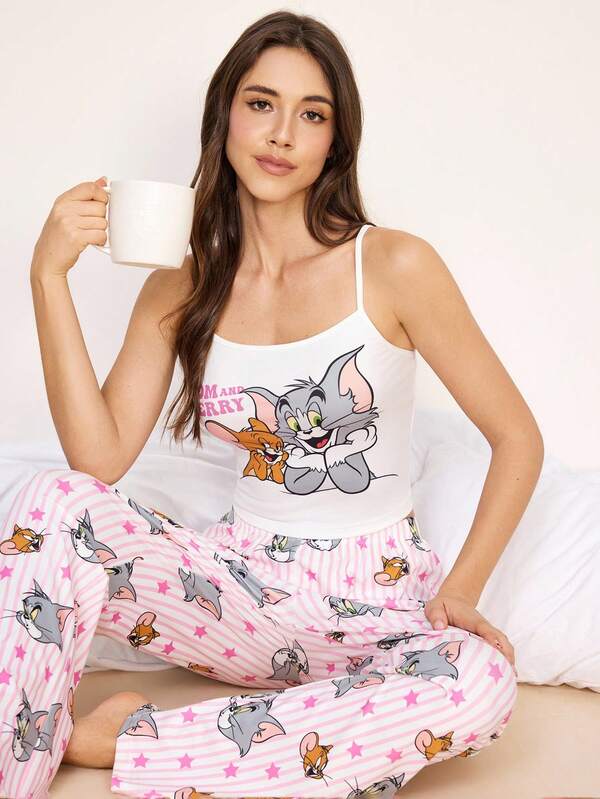 TOM & JERRY X SHEIN Women's Letter & Cartoon Print Camisole Top And Pants Casual Loungewear Pajama Set