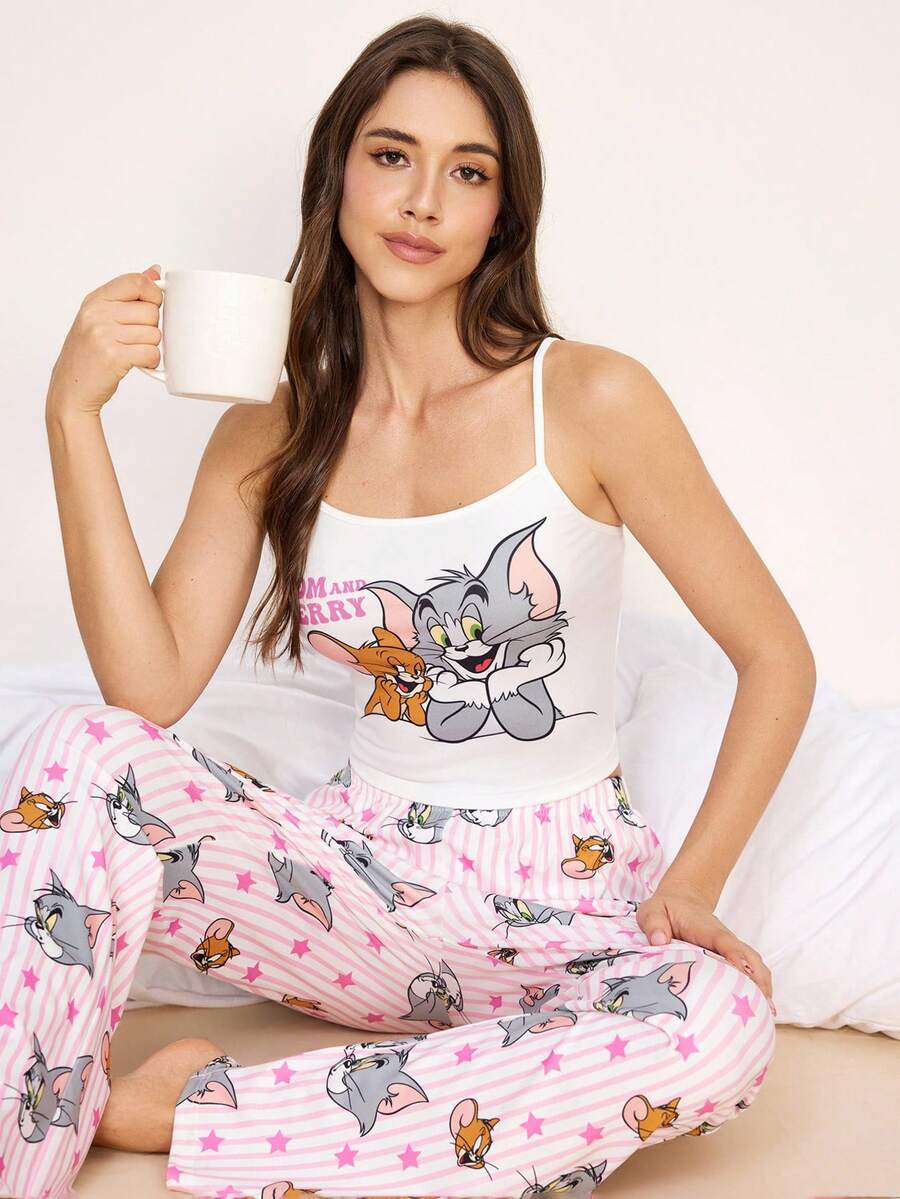 TOM & JERRY X SHEIN 女士字母卡通印花吊带背心和裤子休闲家居服睡衣套装 - 淺粉色 - 查看 1