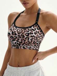SHEIN Dewbera Women's Vintage Leopard Print Sports Bra With Contrast Straps And Hollow Back Design, Suitable For Daily Casual Wear, Running, Yoga, Gym, Tennis - Multicolor - View 3