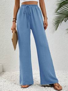 SHEIN Tall Quần kaki nữ kiểu dáng thường ngày, thoải mái, cạp chun, dây rút, ống đứng. - Rửa trung bình - Xem 5
